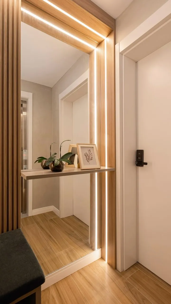 APTO GRAVURA| Hall de entrada. O pórtico iluminado com painel ripado e espelho emolduram o hall de entrada e dão uma pré
